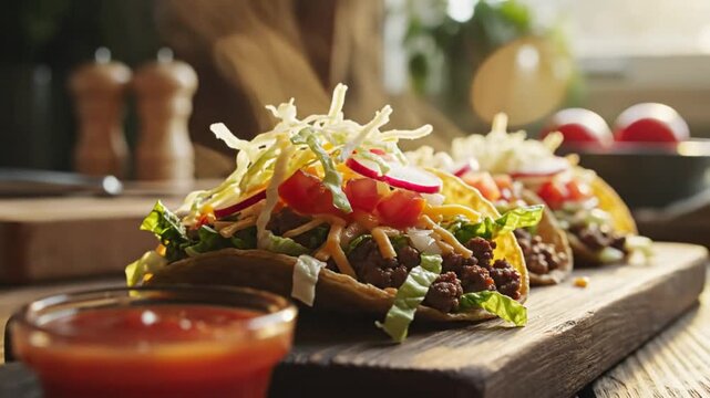 Delicious Tacos Filled with Ground Beef, Fresh Vegetables, Cheese, and Salsa, on a Wooden Serving Board