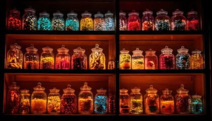Obraz premium Lit wooden shelves filled with glass jars containing colorful contents