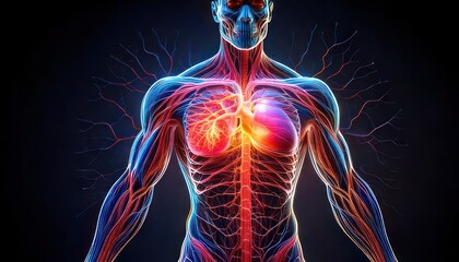 Rendered human anatomy illustration, showing circulatory system in detail