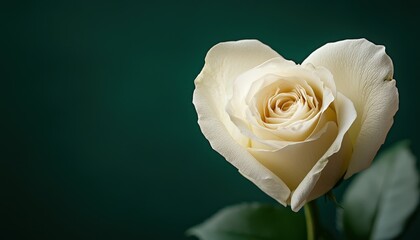 Delicate white rose bloom shaped like a heart is positioned against a deep teal background