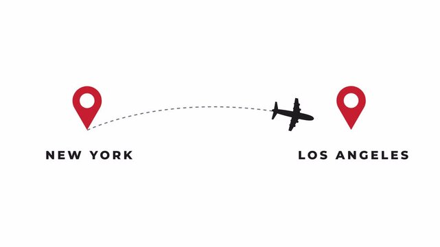 Animated black airplane icon flying New York to Los Angeles location pins, with alpha channel transparent background - With Alpha channel - PRORES