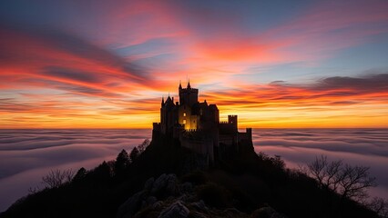 Obraz premium A majestic castle sits atop a hill during a vibrant sunset