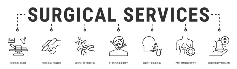Surgical Services web banner icon vector illustration with Surgery Room, Surgical Center, Vascular Surgery, Plastic Surgery, Anesthesiology, Pain Management and Emergency Medical