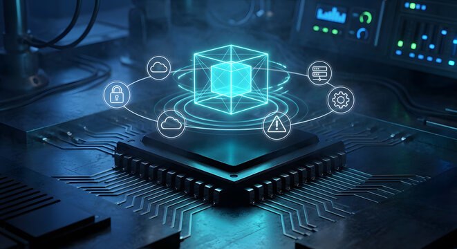 Futuristic microchip processor with glowing blue hologram cube and digital icons for cloud computing data security server storage and artificial intelligence on circuit board