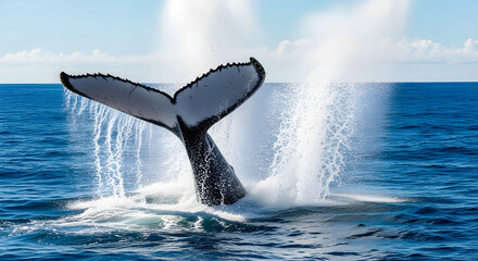 Humpback Whale Fluke Splashing Water in the Deep Blue Ocean