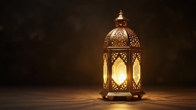 Arabic lantern of ramadan celebration background, islamic golden lantern on dark background,