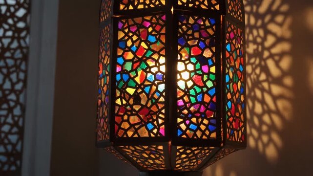 Elegant ramadan lantern casting colorful light pattern and shadow. Illuminated arabic lamp