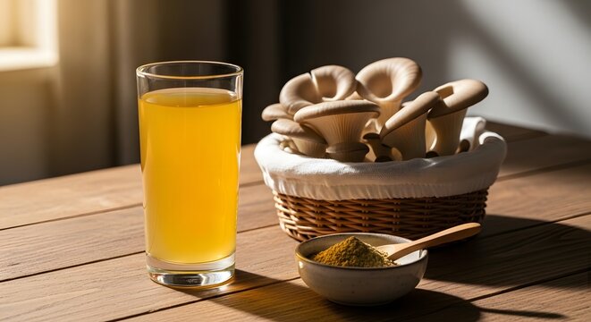 Oyster mushroom juice infusion with basket of fresh pleurotus ostreatus and supplement bowl on wooden table