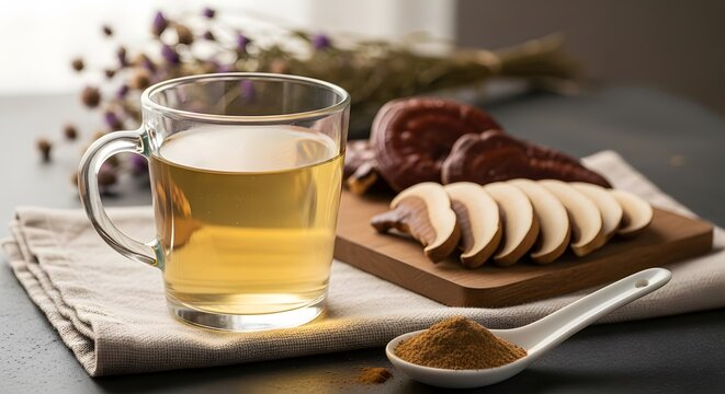 Reishi mushroom tea in glass cup with sliced dried ganoderma lucidum and spoonful of powder
