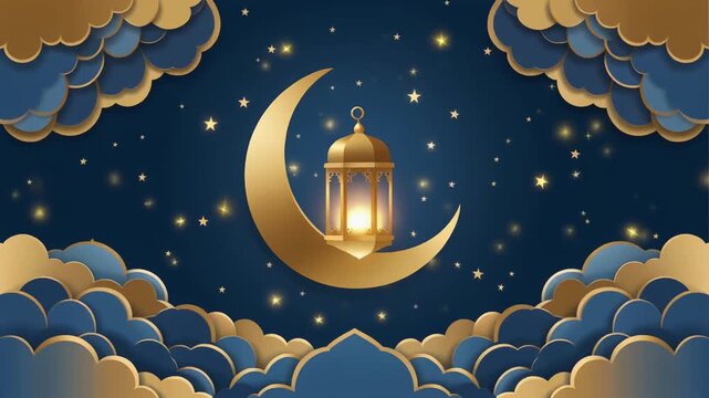 islamic ramadan background, golden crescent moon with glowing lantern inside, layered clouds.