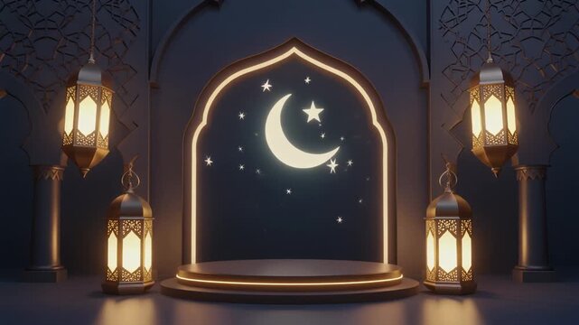 Enchanting islamic arch design with glowing lanterns and crescent moon for ramadan and eid 