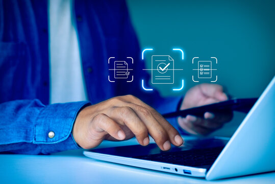 Mobile OCR document scanning technology for digital paperwork management, showing business professional using smartphone to capture paper documents and convert them into searchable digital data
