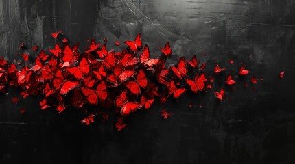 vibrant red butterflies contrasting black background