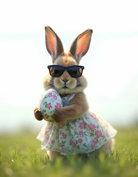 Cute Bunny Wearing Sunglasses Holding a Decorated Easter Egg Outdoors
