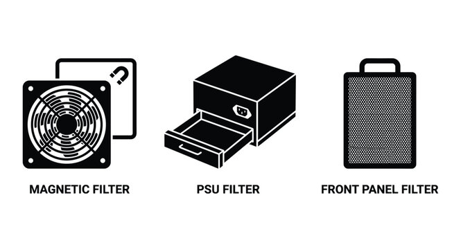 Computer pc cooling and power filters vector icon set for magnetic psu and front panel dust protect