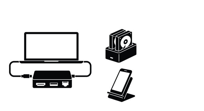 External hard drive and usb hub connection vector icon for computer data storage device technology design