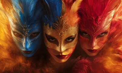 Obraz premium Three ornate, colorful masquerade masks with feathers and glitter. Blue, gold, and red masks creating a festive, mysterious atmosphere