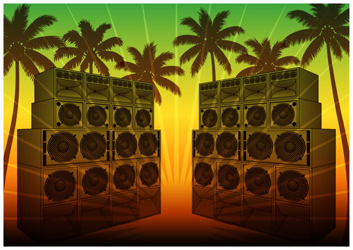 レゲエフライヤー風 サウンドシステムとヤシの木のベクター背景｜Reggae Flyer Style Vector Background with Sound System and Palm Trees