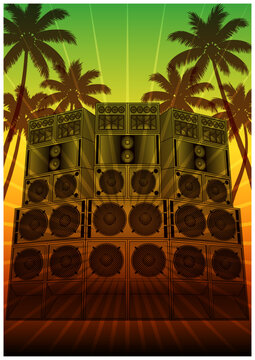 レゲエフライヤー風 サウンドシステムとヤシの木のベクター背景｜Reggae Flyer Style Vector Background with Sound System and Palm Trees