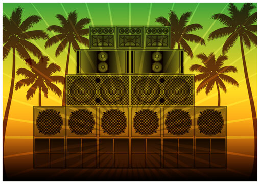 レゲエフライヤー風 サウンドシステムとヤシの木のベクター背景｜Reggae Flyer Style Vector Background with Sound System and Palm Trees