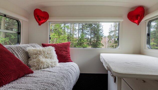 Cozy interior of a small camper trailer decorated with red heart balloons and pillows, featuring a window view of a forest.