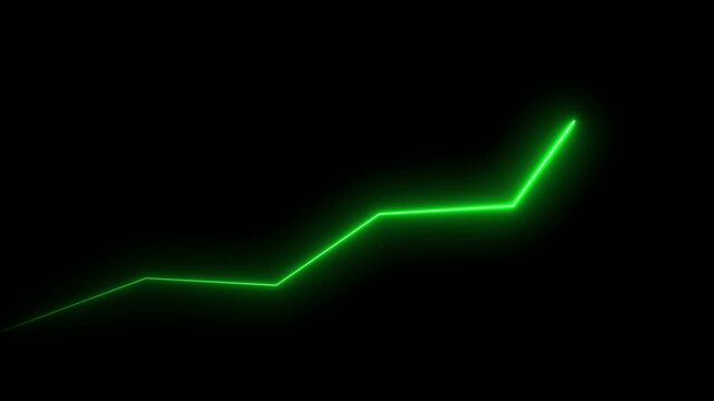 A vivid electric green neon line creates a sharp angular graph or chart ascending diagonally across a pure black background, symbolizing advancement and positive development in a technological or