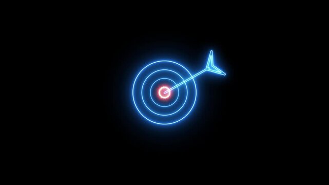 A glowing blue neon outline of a dartboard with a red bullseye and an arrow hitting the center is set against a black background, representing a clear target and successful achievement in a digital