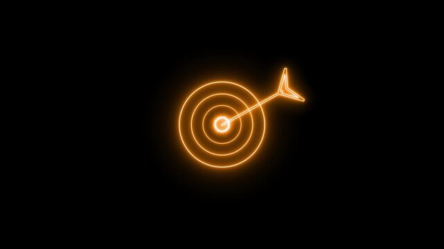 A bright orange neon outline of a dartboard with a central bullseye and an arrow striking the bullseye is displayed on a black background, symbolizing a focused objective and successful
