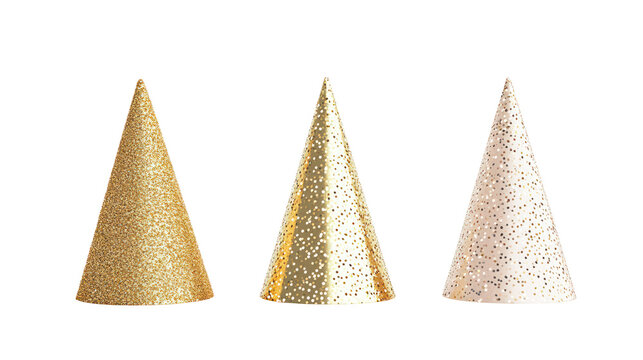 Set of three party hats with pompon shining glitter and ribbon on transparent background