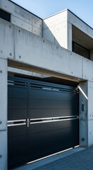 Modern brutalist architecture featuring a dark industrial villa facade protected by a massive, high-security anthracite metal sliding gate, architecture, property, fence