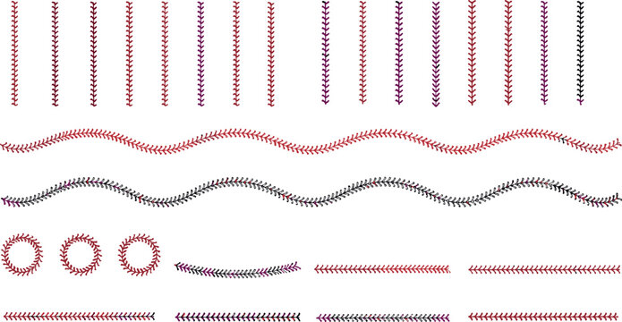 Baseball stitch divider vector set with decorative seams, wavy lines and sport design elements