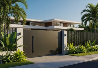 Fototapeta premium Premium architectural visualization of a contemporary tropical residence featuring an elegant anthracite sliding gate and minimalist fence design, house, stylish, elegant