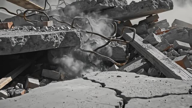 Close up of concrete rubble and twisted rebar with dust rising from a demolished building site