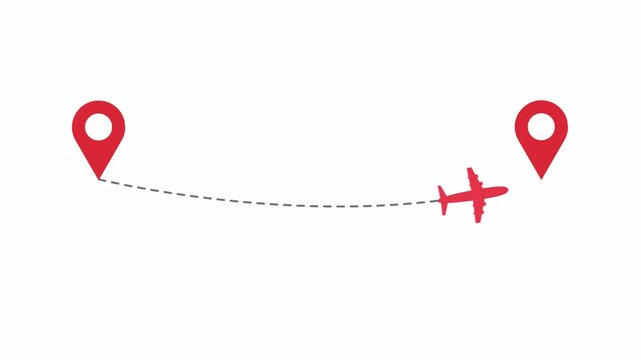 Animated orange airplane icon flying on curved path between two location pins - With Alpha channel - PRORES