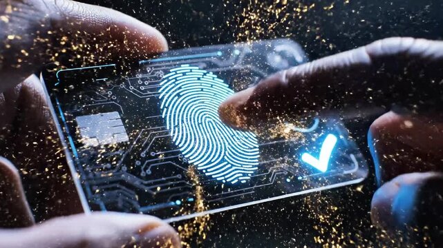 A person's fingers interacting with a glowing, transparent rectangle with a fingerprint design