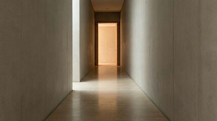 Fototapeta premium Modern minimalist concrete hallway with natural light and an open door at the end