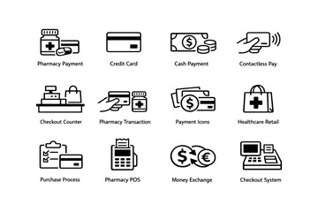Retail and pharmacy payment icons set for checkout systems and transactions