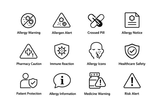 Allergy and healthcare warning icons set with allergen and medicine alerts