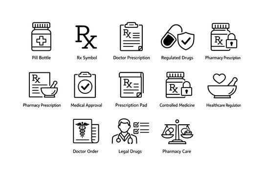 Pharmacy prescription icons: rx symbol, pill bottle, healthcare regulation