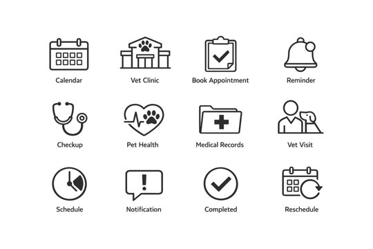 Pet health icons: calendar, vet clinic, appointment, reminder, checkup, medical records