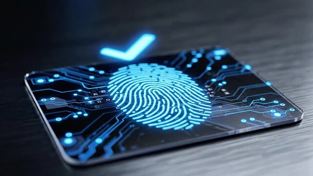 A glowing blue fingerprint on a futuristic circuit board interface with a finger approaching