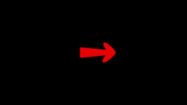A simple, bold red right-pointing arrow symbol isolated on a solid black background, representing direction, movement, forward progress, and warning