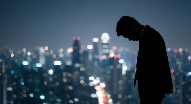 Silhouette of a businessman looking down at a city skyline at night, conveying feelings of failure or disappointment