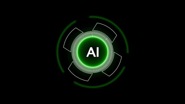 Futuristic glowing green AI digital interface with concentric rings and segmented outer frame on a dark background representing artificial intelligence technology and innovation