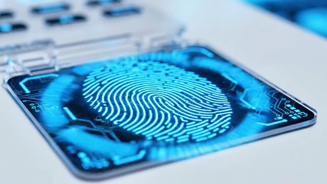 A futuristic fingerprint scanning device with blue circuit patterns on a white surface