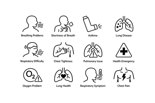Breathing and lung health icons: respiratory issues and health concerns