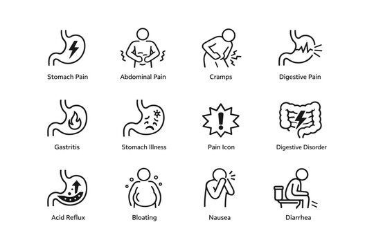 Digestive health icons: pain, cramps, nausea, diarrhea, bloating illustrations