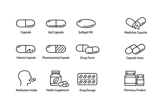 Various capsule and pill icons for medicine and health supplements
