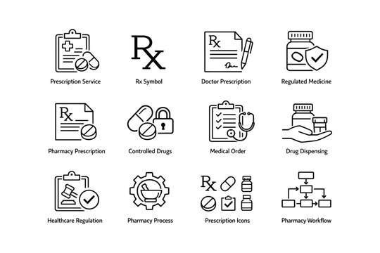 Medical and pharmacy icons: prescription, medication, healthcare, rx symbol, drug regulation