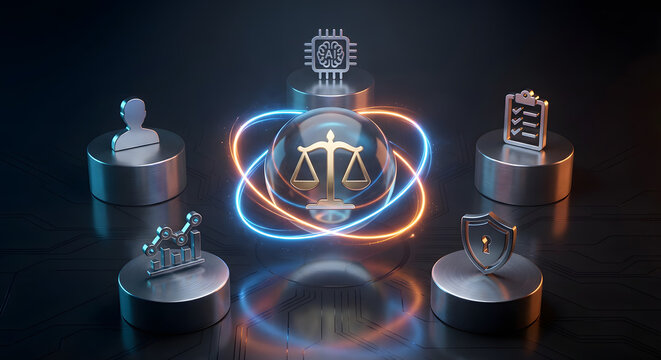 futuristic digital justice scales glowing in glass sphere with artificial intelligence chip and legal icons representing ai law ethics regulation and cyber judicial technology